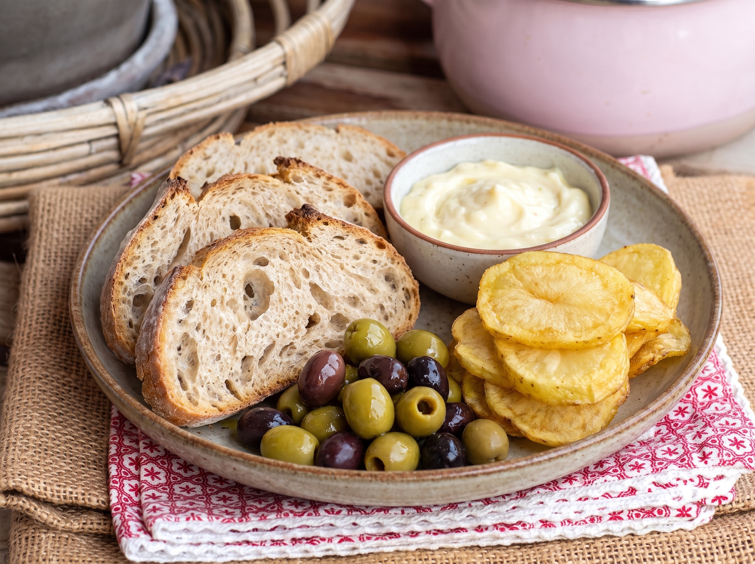 patatas chips, aceitunas y pan con alioli