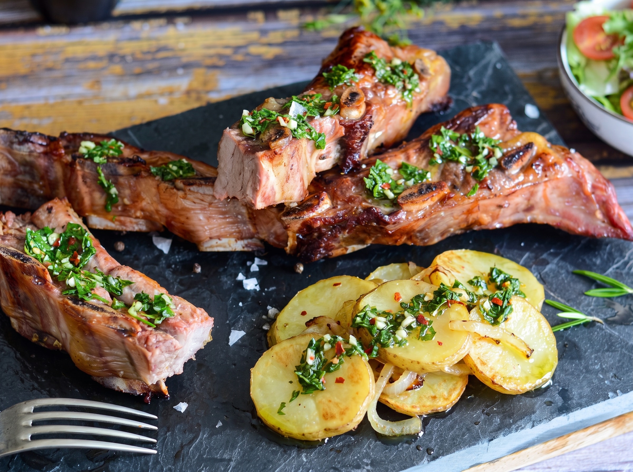 Churrasco de ternera con patatas panadera y salsa chimichurri.