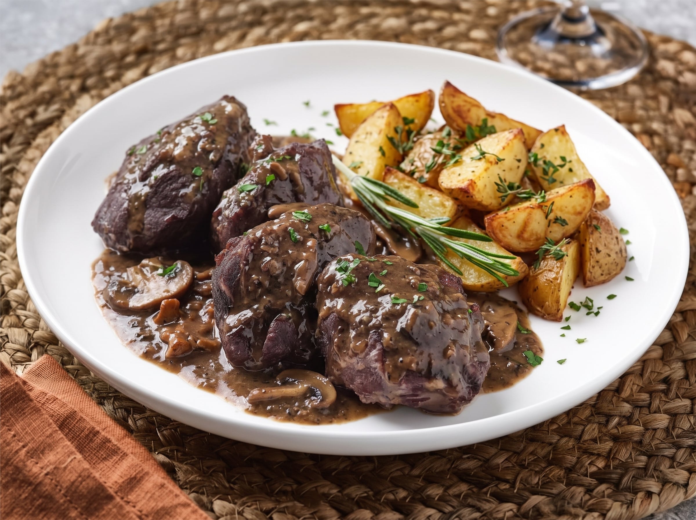 Carrillera con salsa de setas y guarnición de patata panadera.