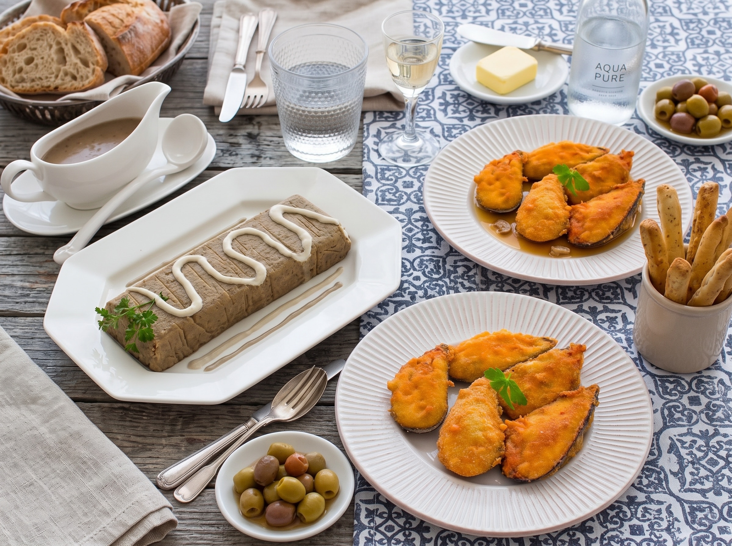 Pastel de puerros y setas en salsa de hongos. Tigres rebozados al vino fino.